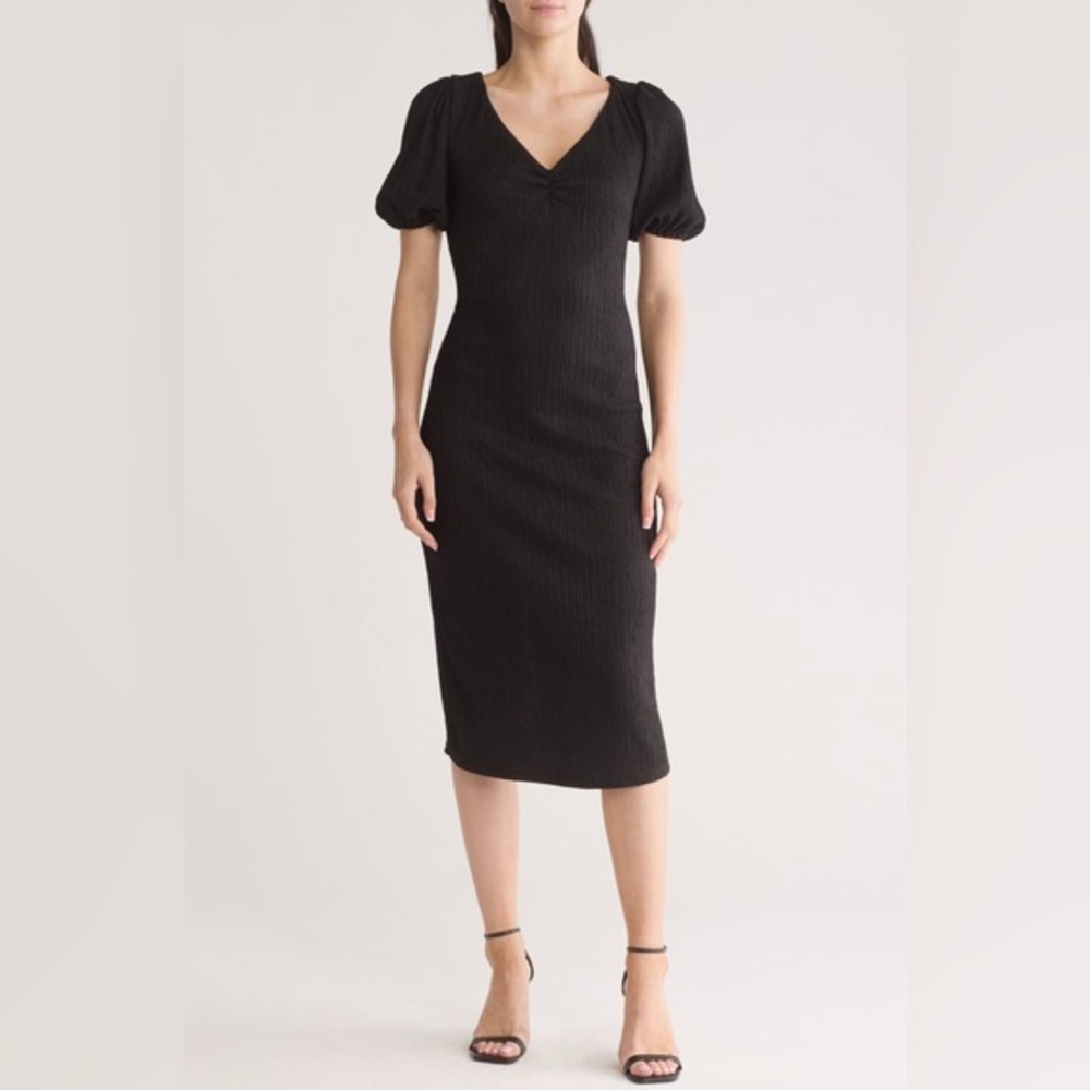 Lush Black‎ Plissé Texture Tie-Back Body-Con Midi Dress